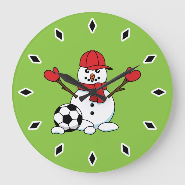 Funny Snowman with Soccer Ball Large Clock (Front)