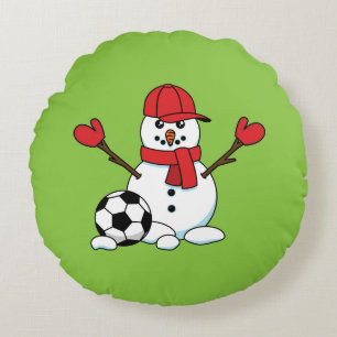 Funny Snowman with Soccer Ball Round Cushion