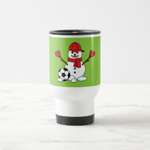 Funny Snowman with Soccer Ball Travel Mug