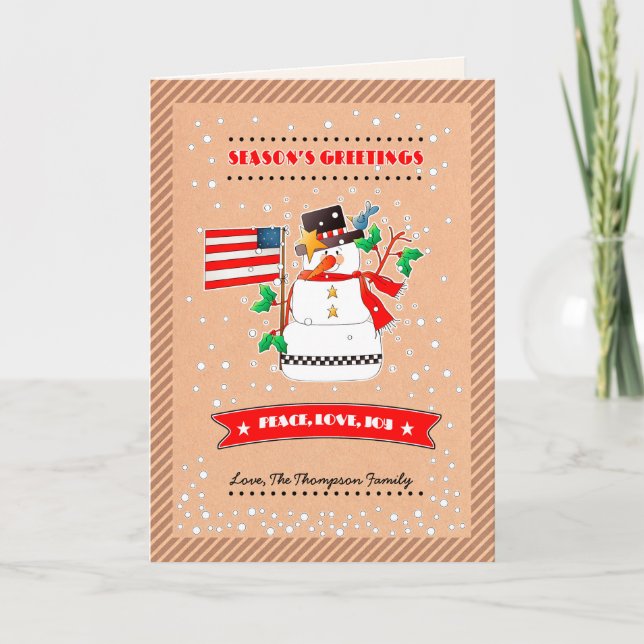 Funny Snowman with U.S. Flag. Christmas Holiday Card (Front)