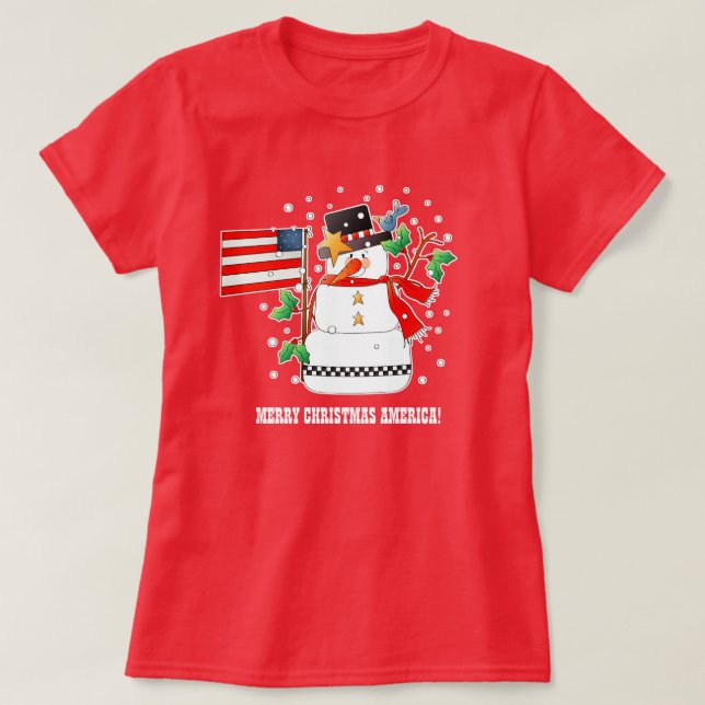 Funny Snowman with US flag Christmas T-Shirts (Design Front)