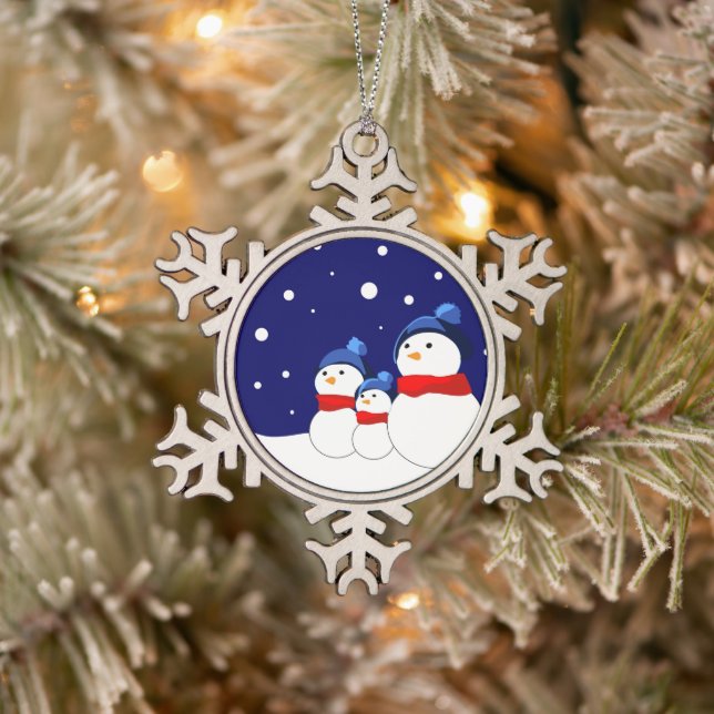 Funny snowmans family snowflake pewter christmas ornament (Tree)