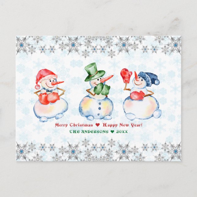 Funny Snowmen Merry Christmas Crystals Snowflakes Postcard (Front)