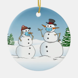 Funny Snowmen Wearing Face Masks 2021 Christmas Ceramic Tree Decoration