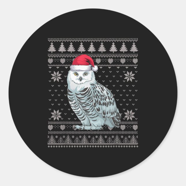Funny Snowy Owl Ugly Christmas Sweater Santa Xmas  Classic Round Sticker (Front)