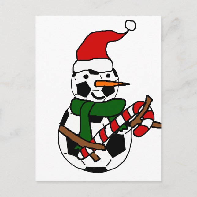 Funny Soccer Ball Snowman Christmas Cartoon Holiday Postcard (Front)