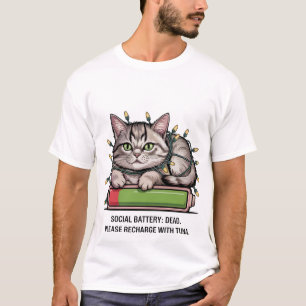 Funny "Social Battery Dead" Cute Cat Recharge 🔋🐈 T-Shirt