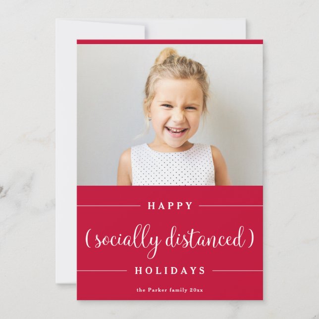Funny Social Distancing Christmas | Red Photo Holiday Card (Front)