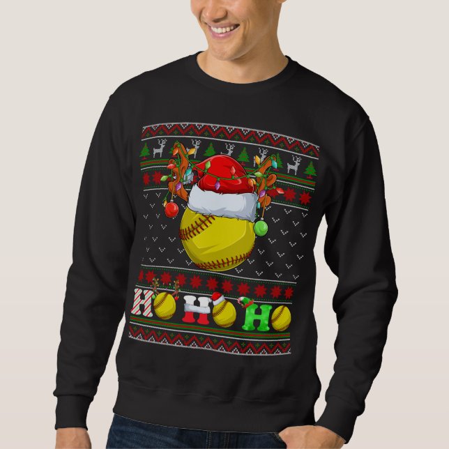 Funny Softball Ball Xmas Tree Lights Ugly Christma Sweatshirt (Front)