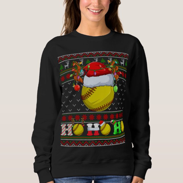 Funny Softball Ball Xmas Tree Lights Ugly Christma Sweatshirt (Front)