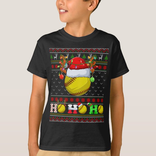 Funny Softball Ball Xmas Tree Lights Ugly Christma T-Shirt (Front)