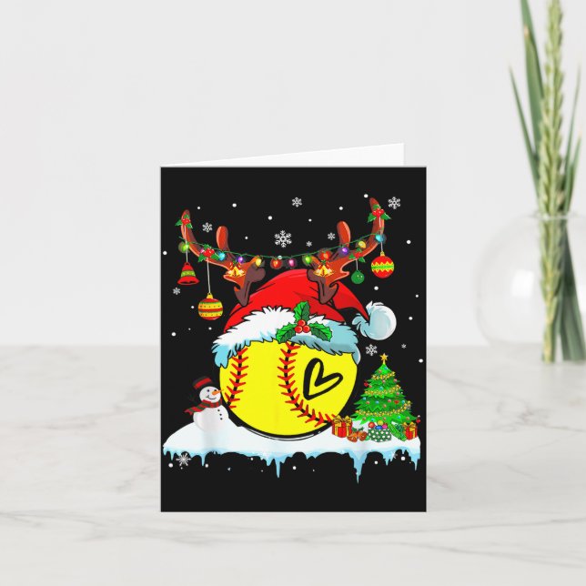 Funny Softball Christmas Reindeer Santa Hat Lights Card (Front)