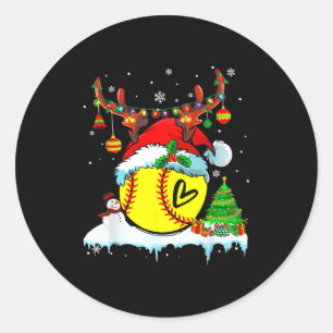 Funny Softball Christmas Reindeer Santa Hat Lights Classic Round Sticker