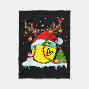 Funny Softball Christmas Reindeer Santa Hat Lights Fleece Blanket