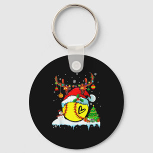 Funny Softball Christmas Reindeer Santa Hat Lights Key Ring