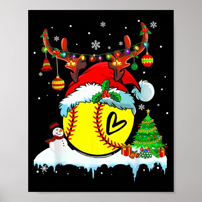 Funny Softball Christmas Reindeer Santa Hat Lights Poster (Front)