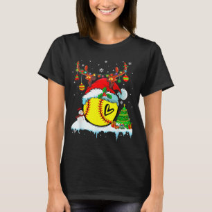 Funny Softball Christmas Reindeer Santa Hat Lights T-Shirt