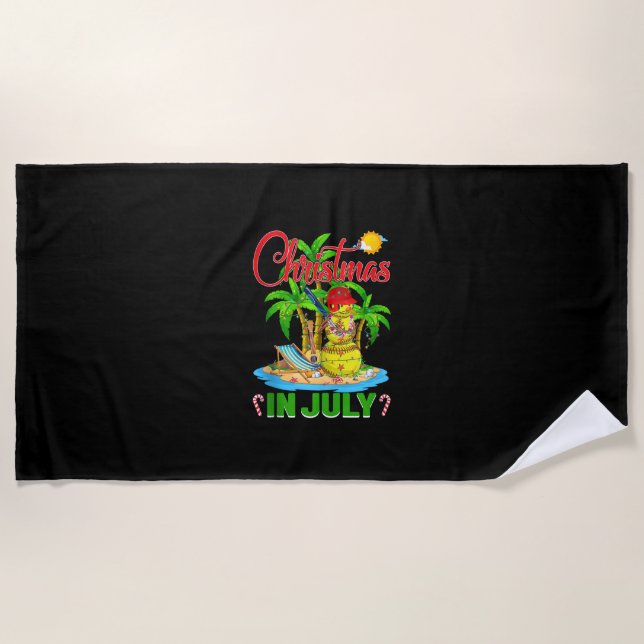 Funny Softball Santa Hat Hawaiian Christmas In Jul Beach Towel (Front)