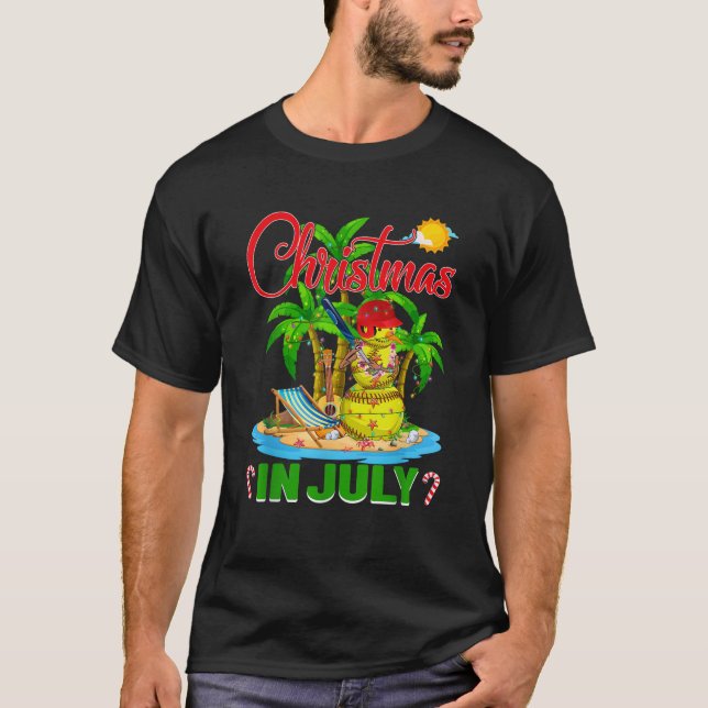Funny Softball Santa Hat Hawaiian Christmas In Jul T-Shirt (Front)