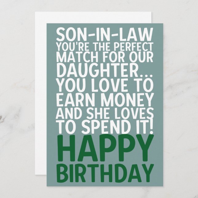 Funny Son-in-Law Birthday Card Money Joke (Front/Back)