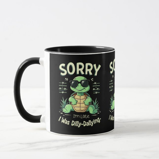 Funny Sorry I’m Late Turtle with Retro Aesthetic Mug (Left)