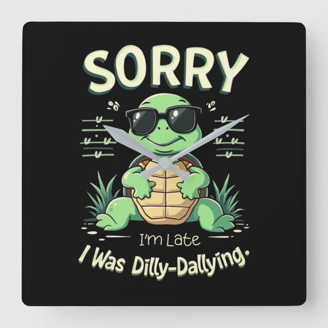 Funny Sorry I’m Late Turtle with Retro Aesthetic Square Wall Clock (Front)