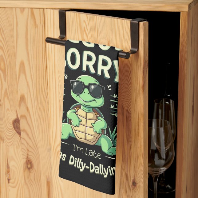 Funny Sorry I’m Late Turtle with Retro Aesthetic Tea Towel (Thirds Fold)