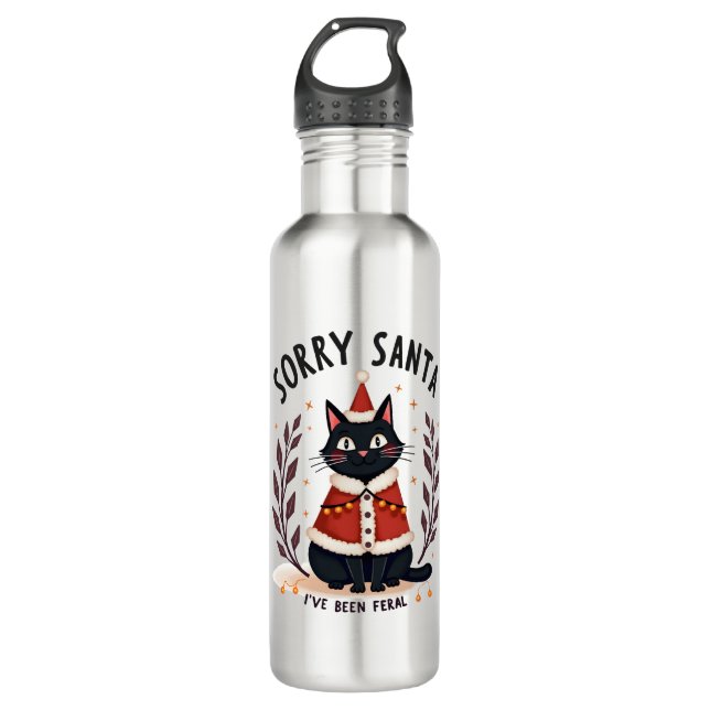Funny Sorry Santa I've Been Feral Black Cat Christ 710 Ml Water Bottle (Front)