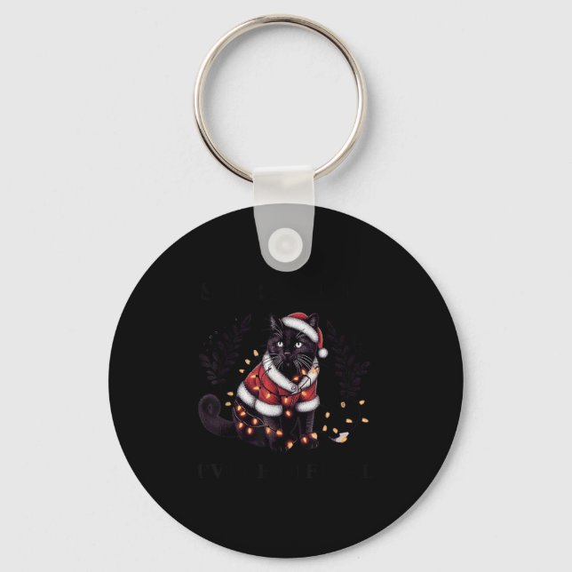 Funny Sorry Santa I've Been Feral Black Cat Christ Key Ring (Front)