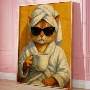 Funny Spa Cat Wall Art Print Relaxing Orange Cat