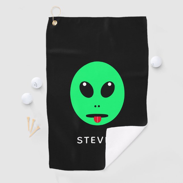 Funny Space Alien Head Black Green Personalised Golf Towel (InSitu)