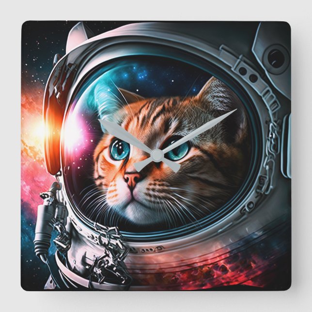 Funny Space Cat Astronaut Kitty Galaxy Universe Square Wall Clock (Front)