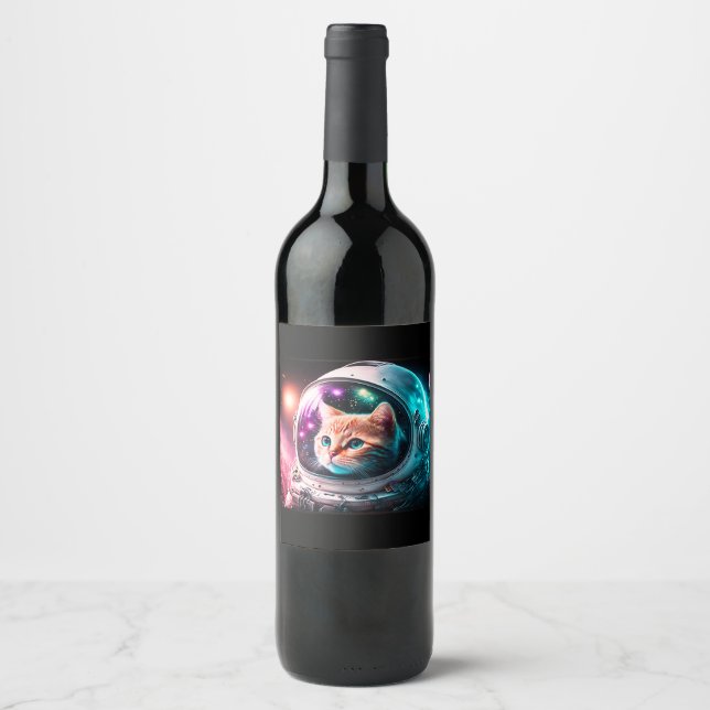 Funny Space Cat Astronaut Kitty Galaxy Universe Wine Label (Front)