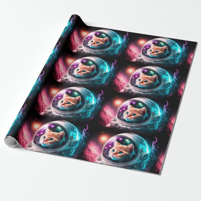 Funny Space Cat Astronaut Kitty Galaxy Universe Wrapping Paper (Unrolled)