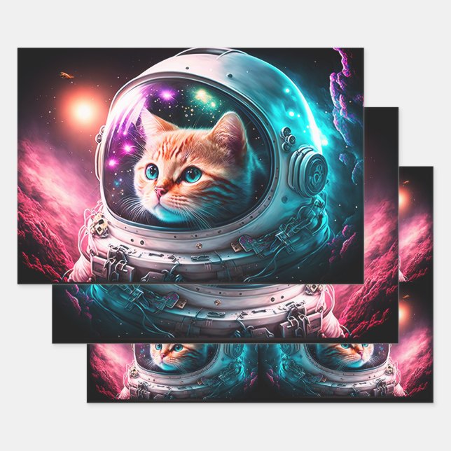 Funny Space Cat Astronaut Kitty Galaxy Universe Wrapping Paper Sheet (Set)
