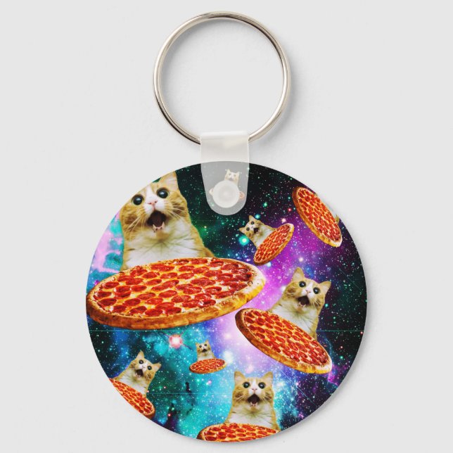 Funny space pizza cat  key ring (Front)