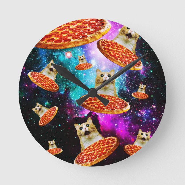 Funny space pizza cat round clock (Front)