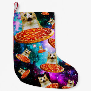 Funny space pizza cat small christmas stocking