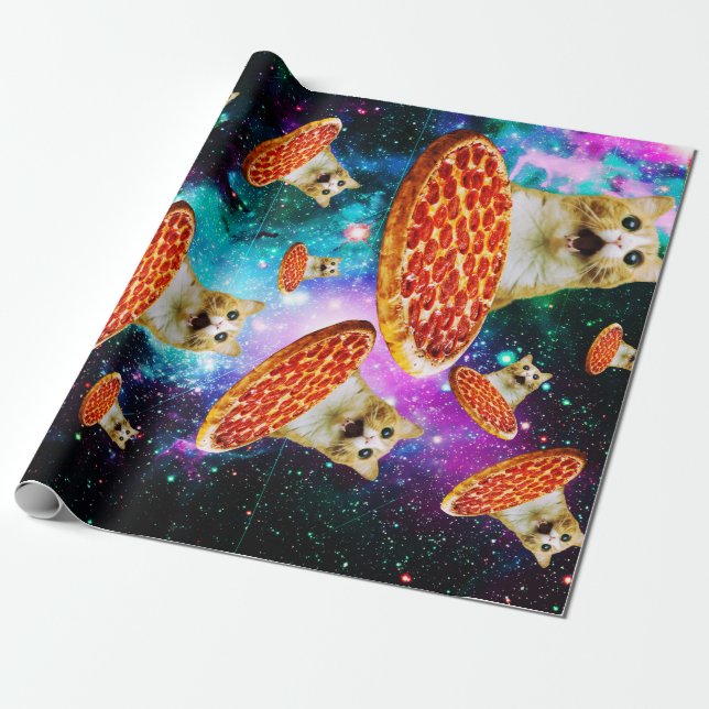 Funny space pizza cat wrapping paper (Unrolled)