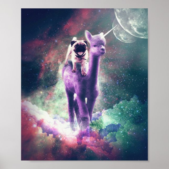 Funny Space Pug Riding On Alpaca Unicorn Poster (Front)