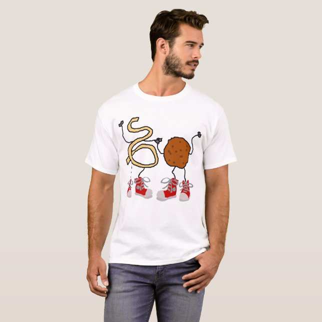 Funny Spaghetti and Meatballs Cartoon T-Shirt (Front Full)