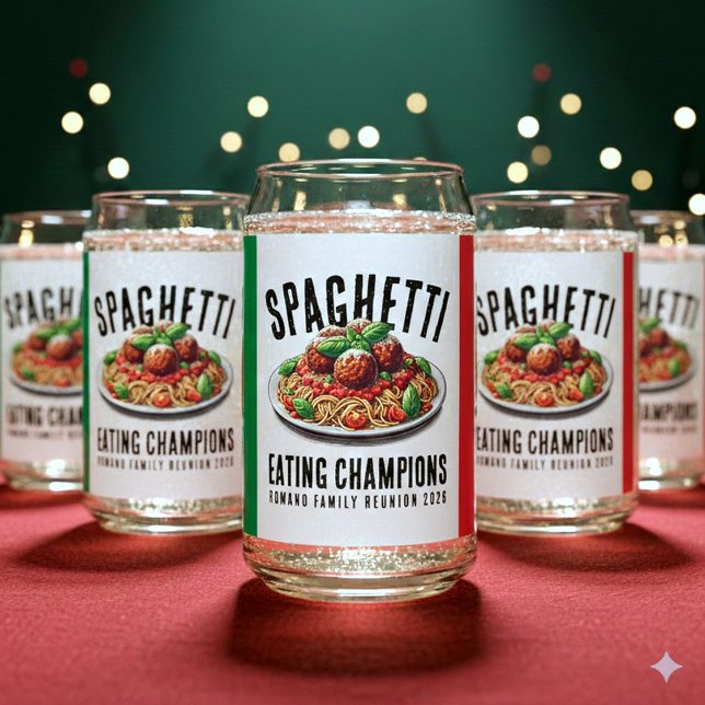 Funny Spaghetti Eating Champion Family Reunion Can Glass (Funny Spaghetti Eating Champions Italian Family Reunion Can Glasses Cover Photo)