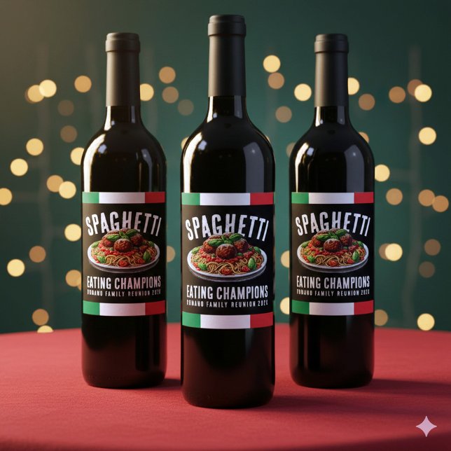 Funny Spaghetti Eating Champion Family Reunion Wine Label (Funny Spaghetti Eating Champions Italian Family Reunion Wine Labels Cover Photo)