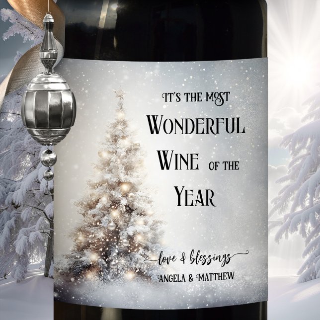 Funny Sparkling Snow Christmas Tree Wine Label (Funny Christmas wine label featuring a Christmas tree with sparkling lights and tiny snowflakes)