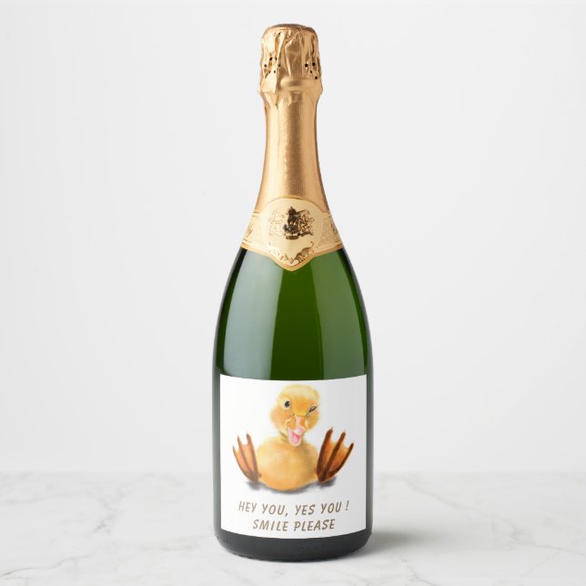 Funny Sparkling Wine or Wine Label Playful Duck -  (Front)