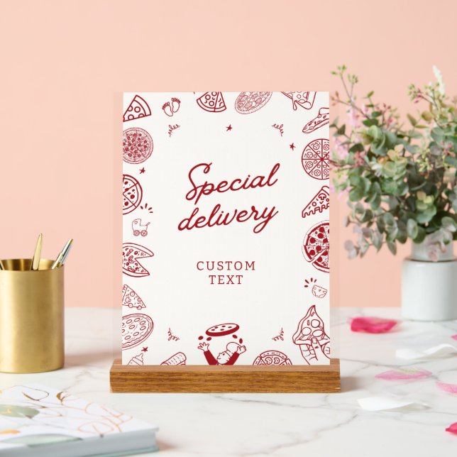 Funny special delivery pizza baby shower acrylic sign (Wedding)