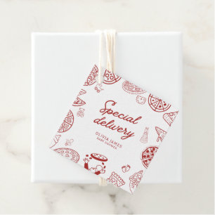 Funny special delivery pizza baby shower favour tags