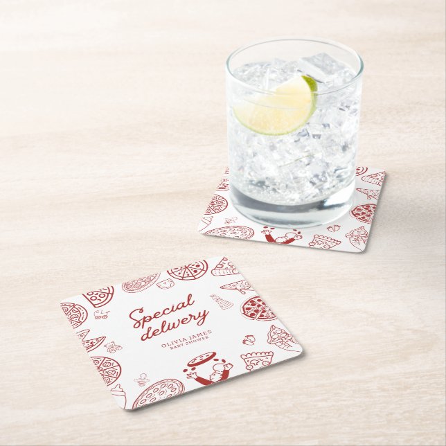 Funny special delivery pizza baby shower square paper coaster (Insitu)