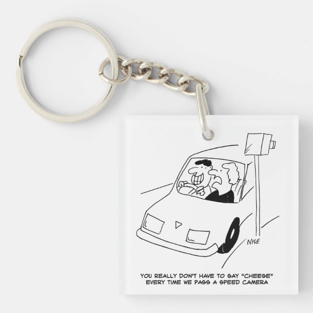 Funny Speed Camera Cartoon Shows Man Driving Key Ring (Front)