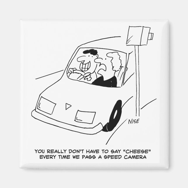 Funny Speed Camera Cartoon Shows Man Driving Magnet (Front)